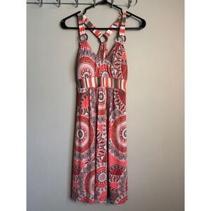Donna Womens Red Geometric Boho Wood Ring Racerback Dress S Summer Resortwear